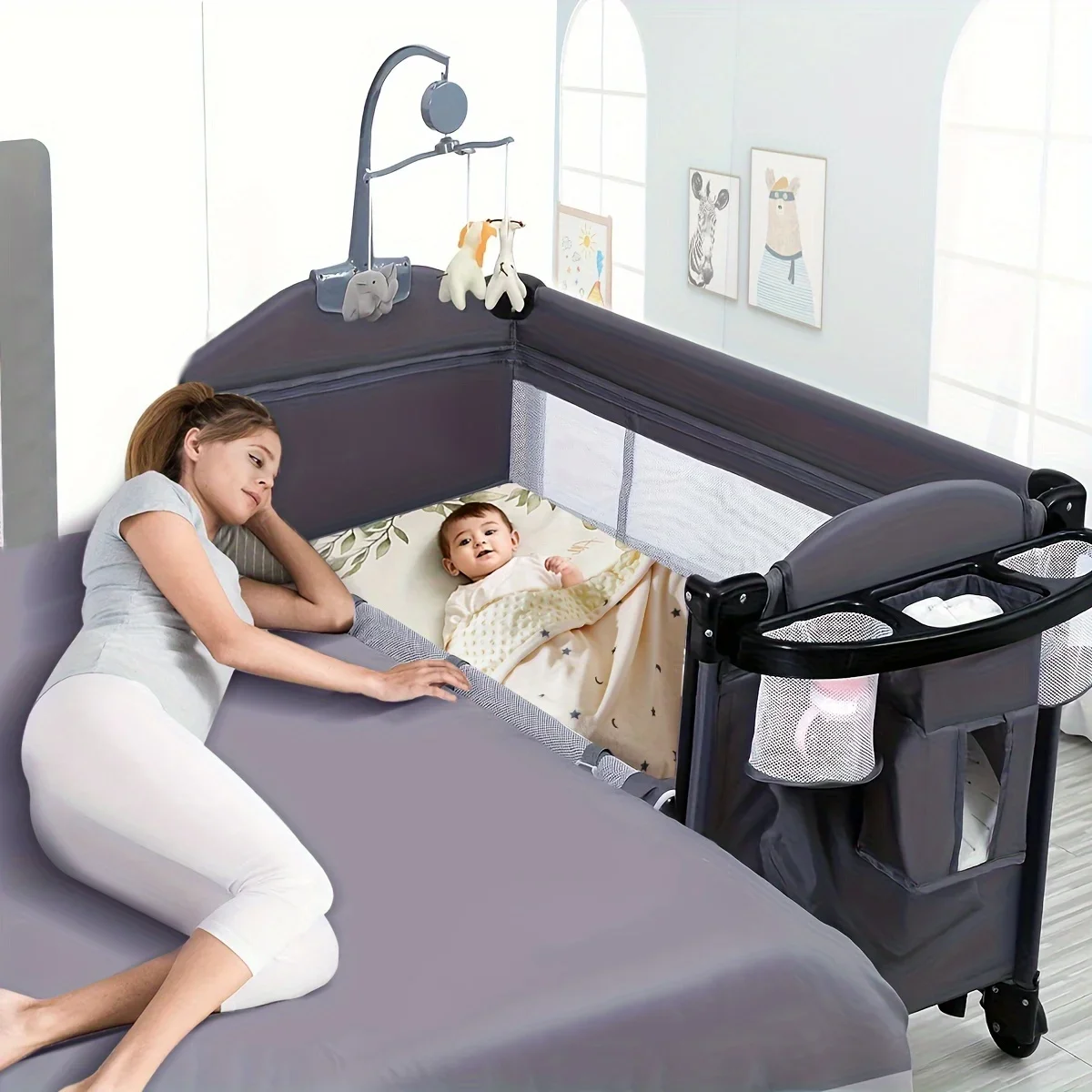 5 In 1 Baby Bed, With Diaper Changer, Blackout Cover, Mattress, Music, Bedside Crib With Storage, Playard With Bassinet