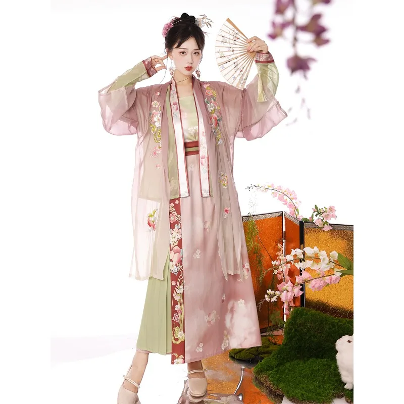 

Elegant Song Dynasty Chinese Outfit Embroidery Open Front Shirt Casual Two Panel Skirt