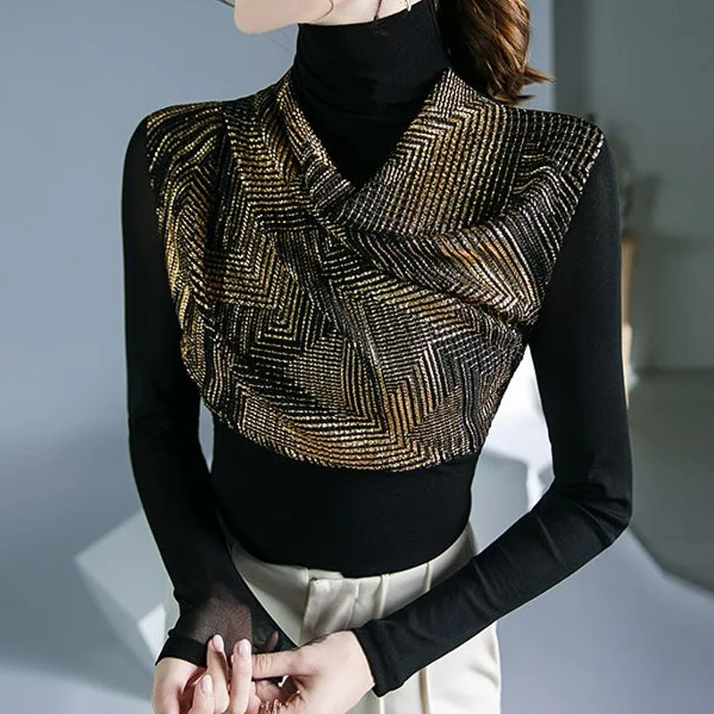 Camiseta lisa empalmada con lentejuelas delgadas coreanas para mujer, ropa de malla de manga larga, Tops de cuello alto que combinan con todo, moda