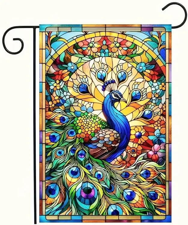 Peacock Garden Flag With Vibrant Stained Glass Design And Floral Background Garden Flags 12x18 Double Sided Outdoor Patio Ho yyi