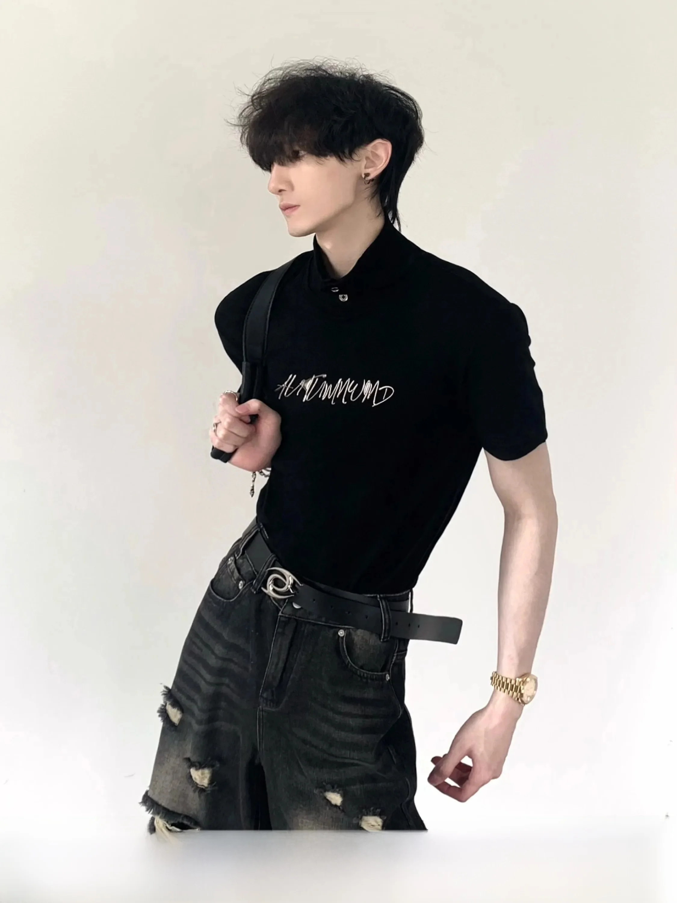 

Punk Style Men's Slim Fit Short Sleeve T-Shirt Autumn Mountain Wind Half High Collar Comfortable Elastic Skin-Friendly Breath...