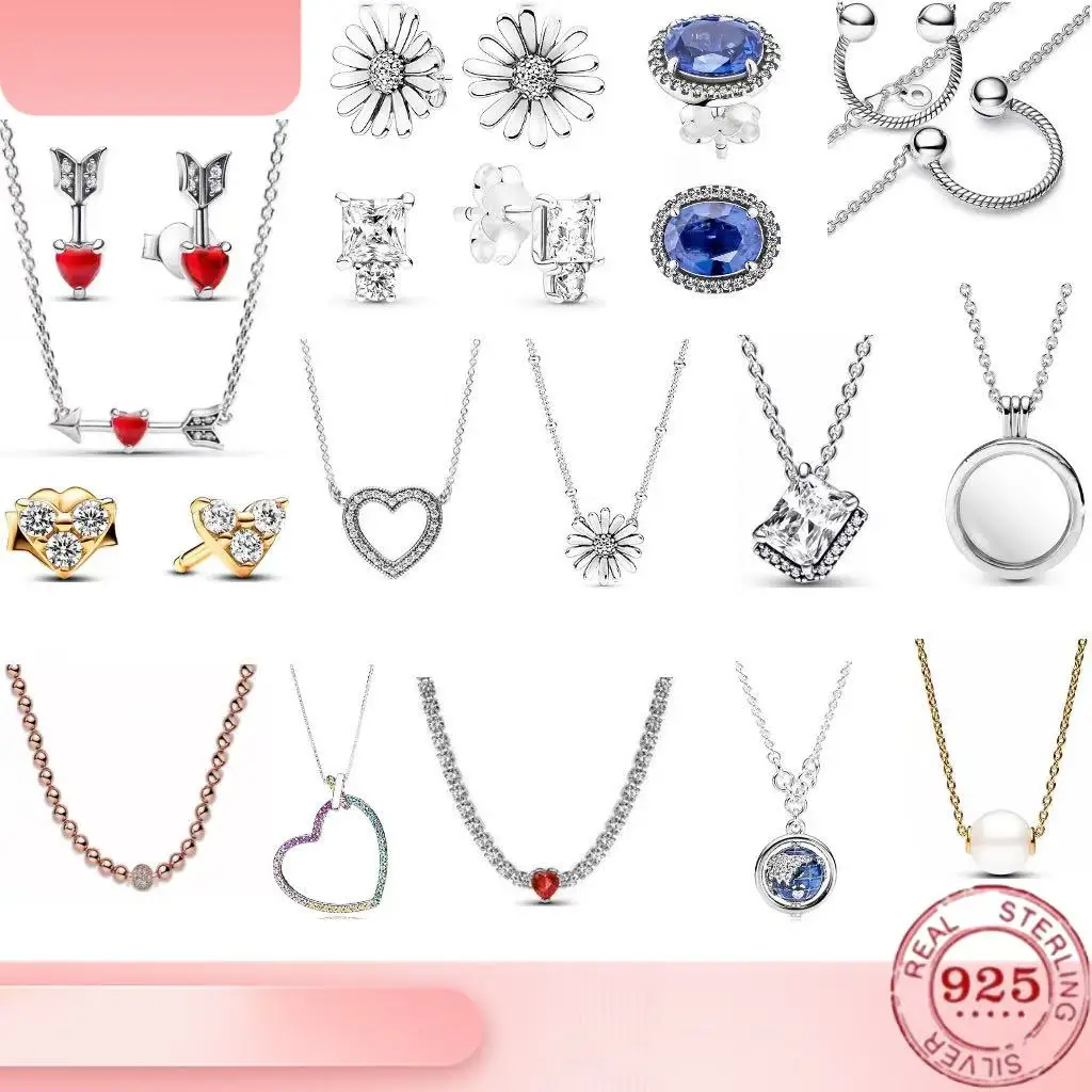 Zircon necklace 925 sterling silver shiny round flower heart tree shaped chain buckle bead women's exquisite jewelry DIY gift