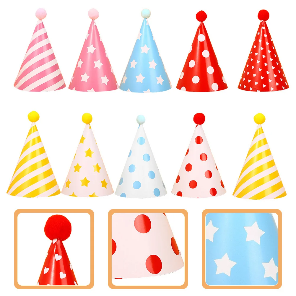 

10pcs Birthday Hats Cute Pom Poms Party Caps For Kids Adults Reusable Cone Hat Decorative Party Favors Birthday Celebration