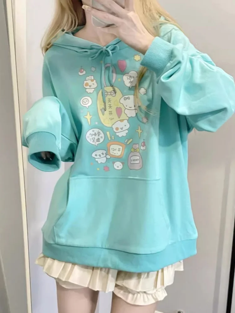 Japanese Mint Green Cute Cartoon Printed Hoodies Women Autumn Subculture Casual Loose Sweatshirt Preppy Style Teenage Kawaii Top