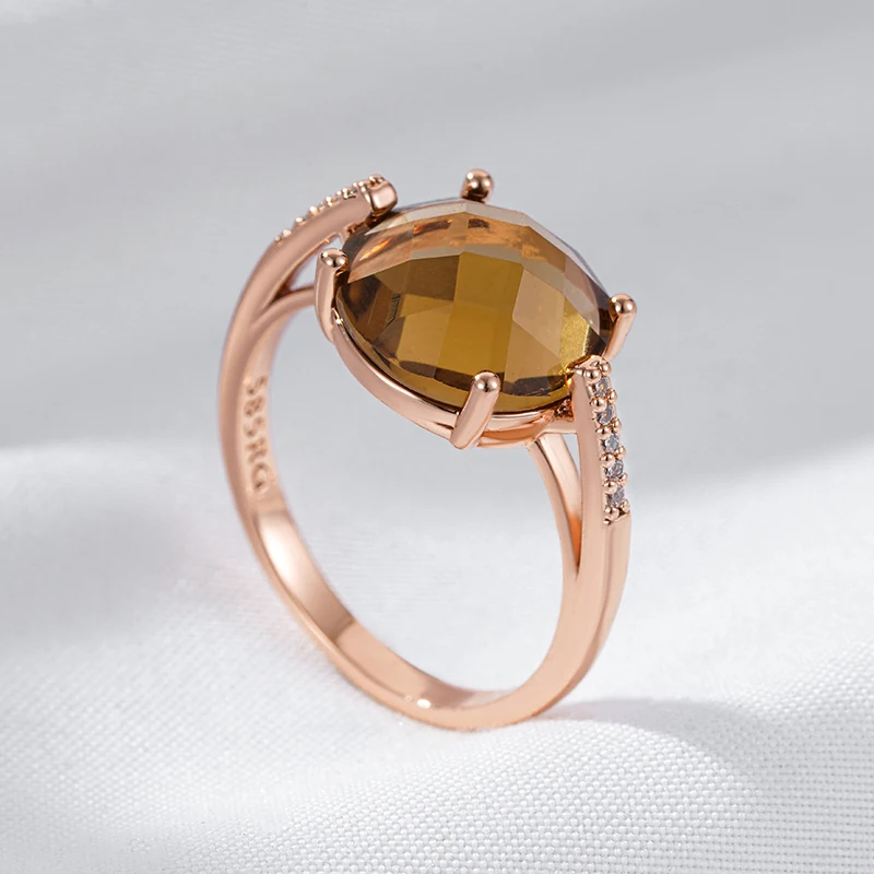 Kinel Fashion Round Light Brown Natural Zircon Bride Ring for Women Simple 585 Rose Gold Color High Quality Daily Jewelry