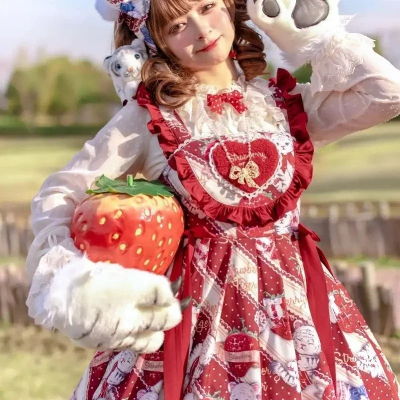 Милое платье Jsk в стиле Лолиты, женское платье с принтом медведя и оборками, клубничное платье, женское милое мини-платье без рукавов, весна 2023 г.