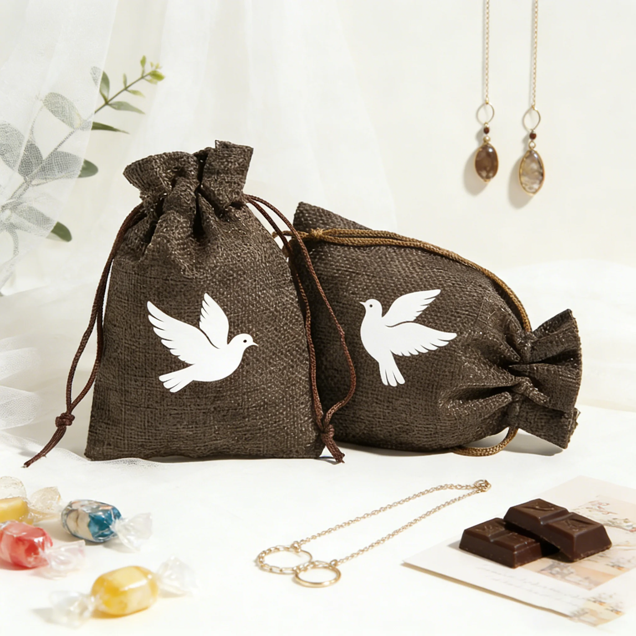 

50 шт. подарочных мешочков из мешковины с индивидуальным логотипом, 5x7 дюймов, с завязками, для свадьбы, дня рождения, ювелирных изделий, льняные мешочки для подарков