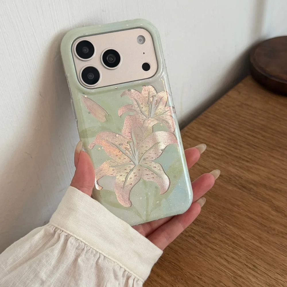 Grüner Hintergrund Lilie Vergoldung Glitzer Blume Polka Dot Weiche Handyhülle für iPhone 17 16 15 Pro Max Stoßfeste Rückabdeckung
