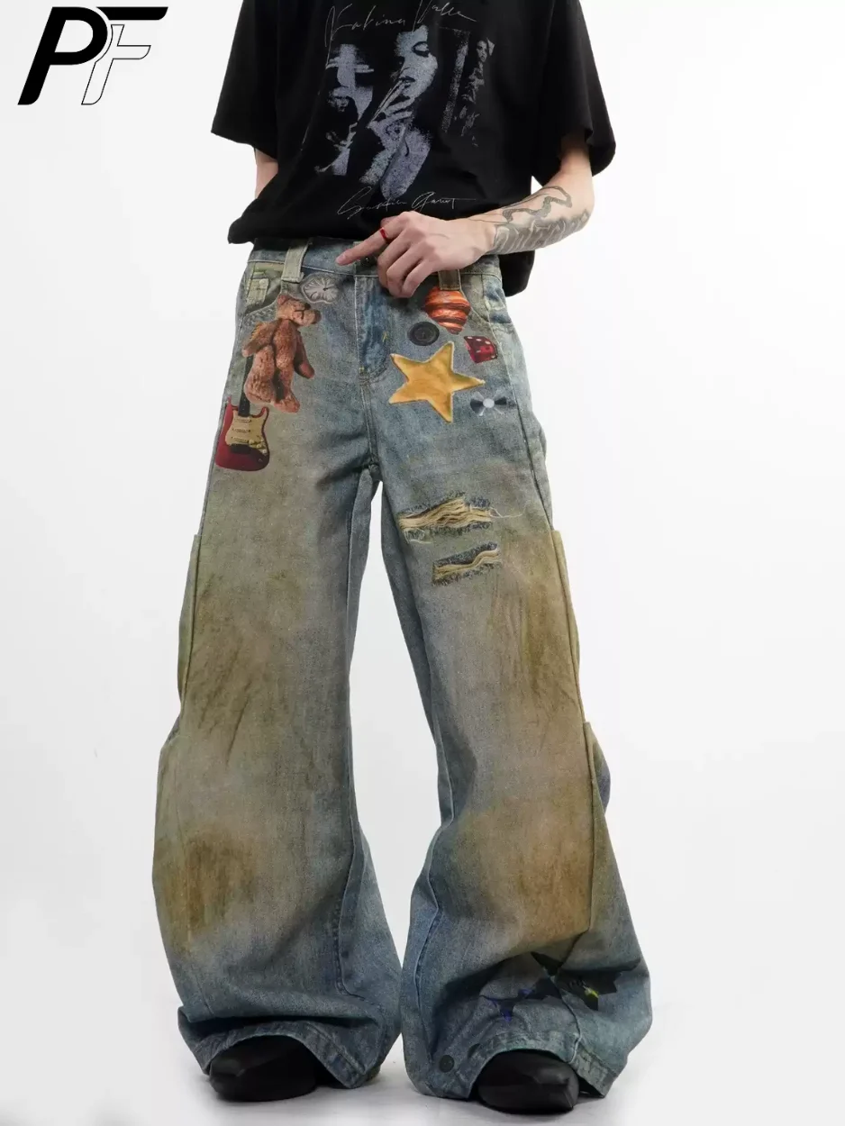 

3D Printed Bear & Star Baggy Jeans Vintage Washed Distressed Denim Pants High Street Wide Leg Trousers Harajuku Retro Streetwear