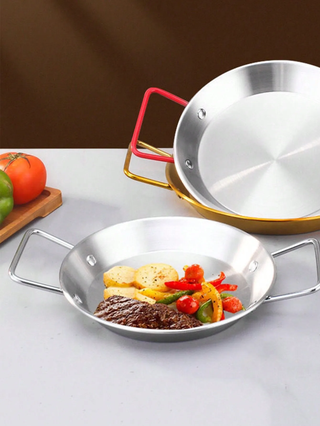 1 sartén antiadherente de acero inoxidable para paella, mariscos, frituras y cocina, perfecta para pollo frito, frutas y más.