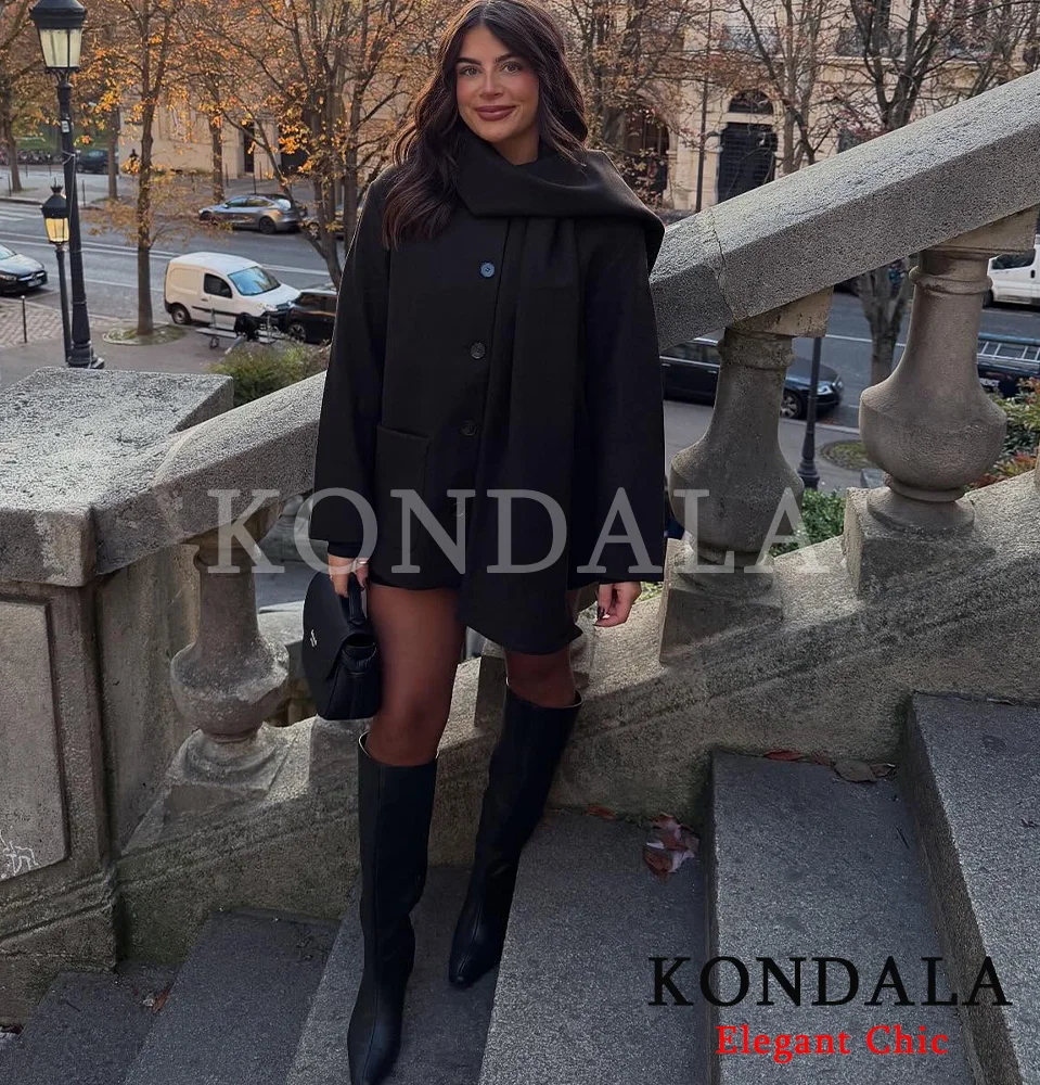 KONDALA الخريف المخلوطة وشاح طوق معطف المرأة أزرار أنيقة معطف غير رسمي 2025 الخريف الشتاء موضة بسيطة الكلاسيكية معطف السيدات #3