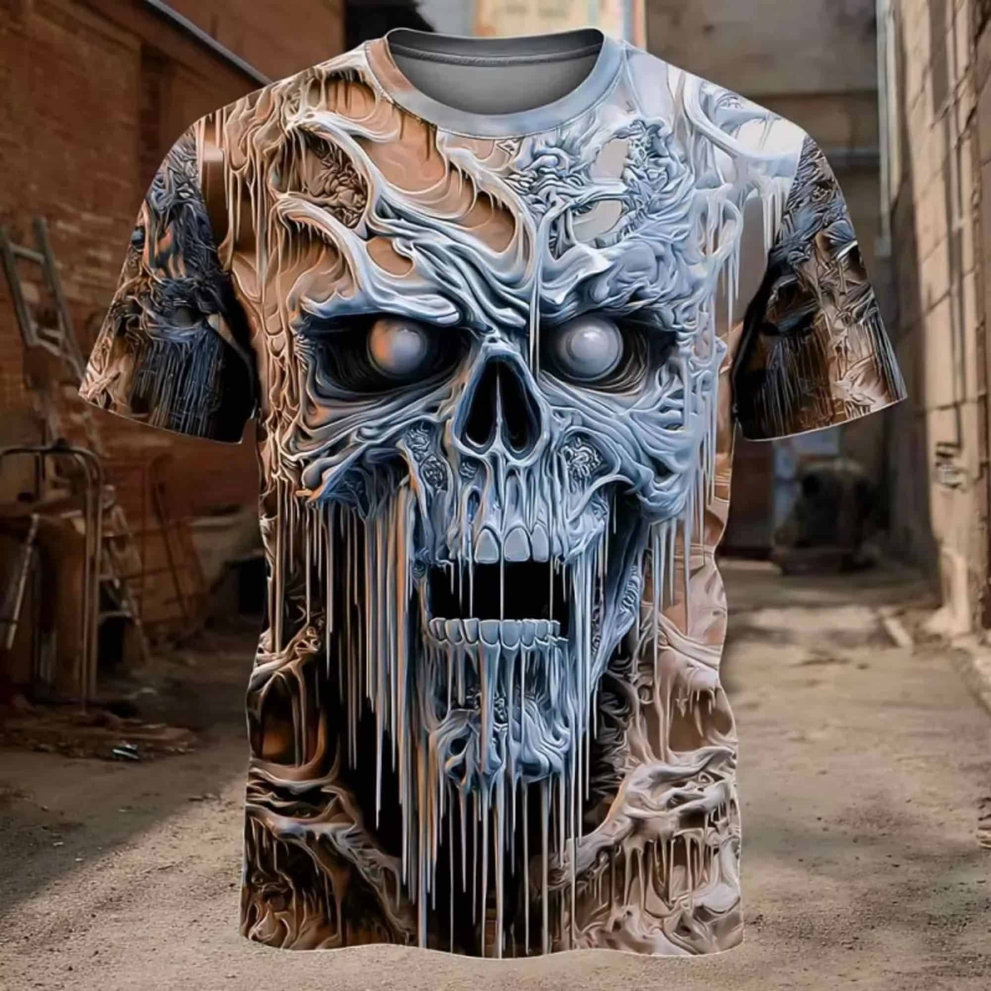 Men 3D Full Print Skull Graphic Crew Neck Short Sleeve T Shirt Loose Breathable Punk Metal Gothic Streetwear Casual Top