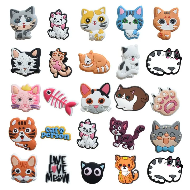 25pcs Cat Pattern Shoe Decorations Charms for Clogs Bubble Slides Sandals PVC Shoe Accessories