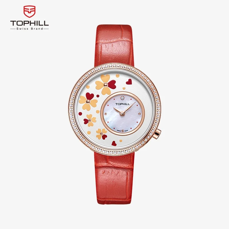 TOPHILL Women's wristwatch four-leaf clover Diamonds on the dial Quartz watch Mother-of-pearl Waterproof Small window