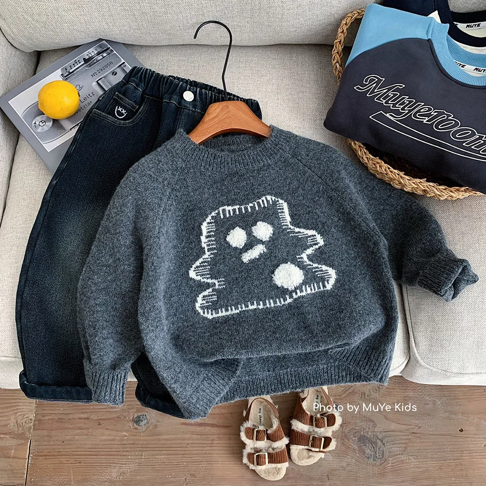 

New Winter Kids Baby Boys Sweater Cartoon Embroidery Thicken Toddler Boys Warm Knitwear Long Sleeved Children Boys Pullovers