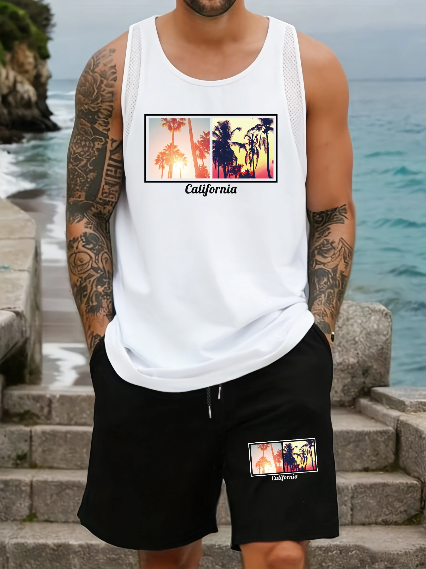 

Мужской комплект с жилеткой и шортами California Coconut Tree: летние шорты с широкими штанинами на шнурке, дышащие сетчатые майки без рукавов с карманами