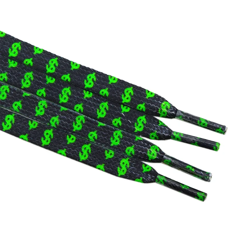 Coolstring 8MM Flat Canvas Polyester Cotton Laces Black-Green Dollar Heat Transfer Printing Pattern Top Ropes Men Sneaker Cords