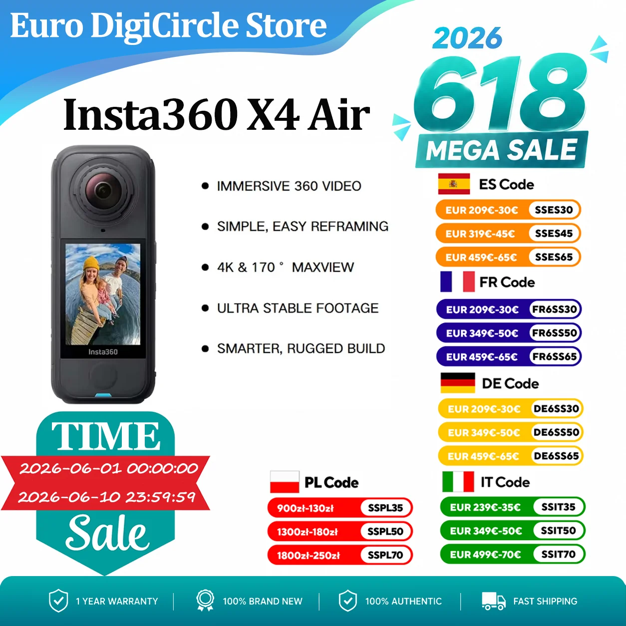 Insta360 X4 Air, caméra 360° légère de 165g, 8K, double capteur 1/1.8", batterie 88min et étanche jusqu'à 15m