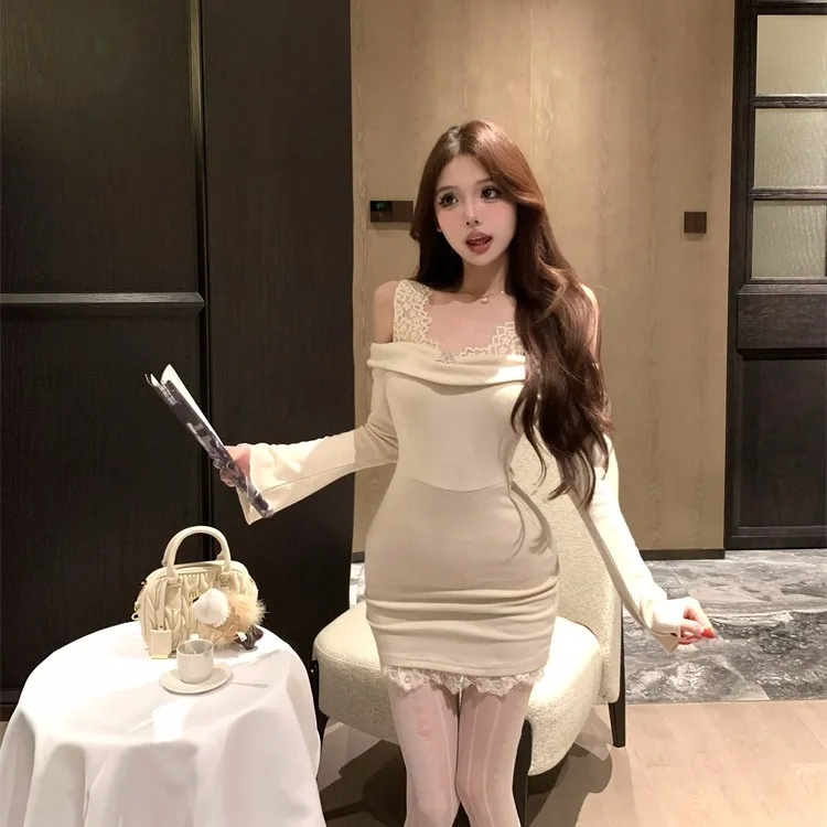 Ele Lace Splice Knitted Dr Slim Fit Bodycon Skirt One oulder High Waist Autumn Winter Women's Faion Casual H-ape