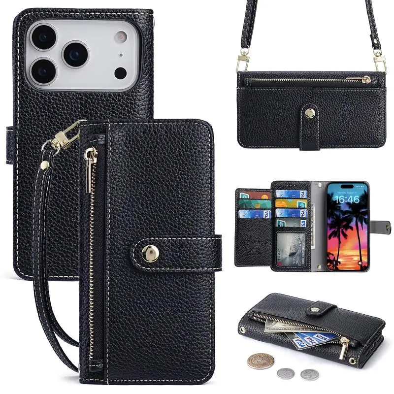 

Магнитная молня Кошелек Flip Кроссбоди Корпус для iPhone 17 16 15 14 13 12 Pro Макс 16E Роскошная Кожа Мульти Слоты Карты Обложка Книги