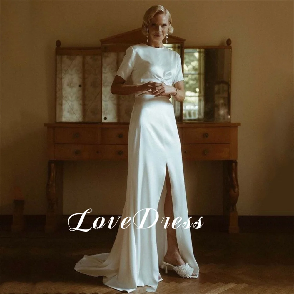 Robe de Mariée Sirène Simple à Manches Courtes, Tenue Fendue, Dos aux, Longueur au Sol, Élégante, pour les Patients, Quelle que soit la Collection Personnalisée