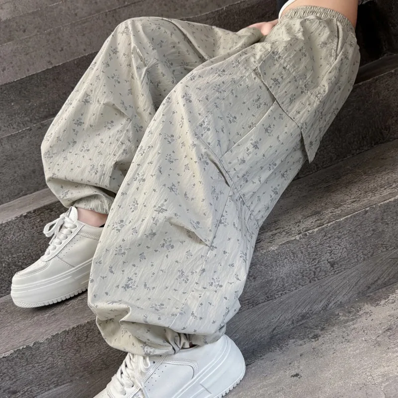 Girls Floral Work Pants Summer Thin Wide Leg Children's Straight Cut Trousers Casual Nylon Fabric Soft Processed Long Pants