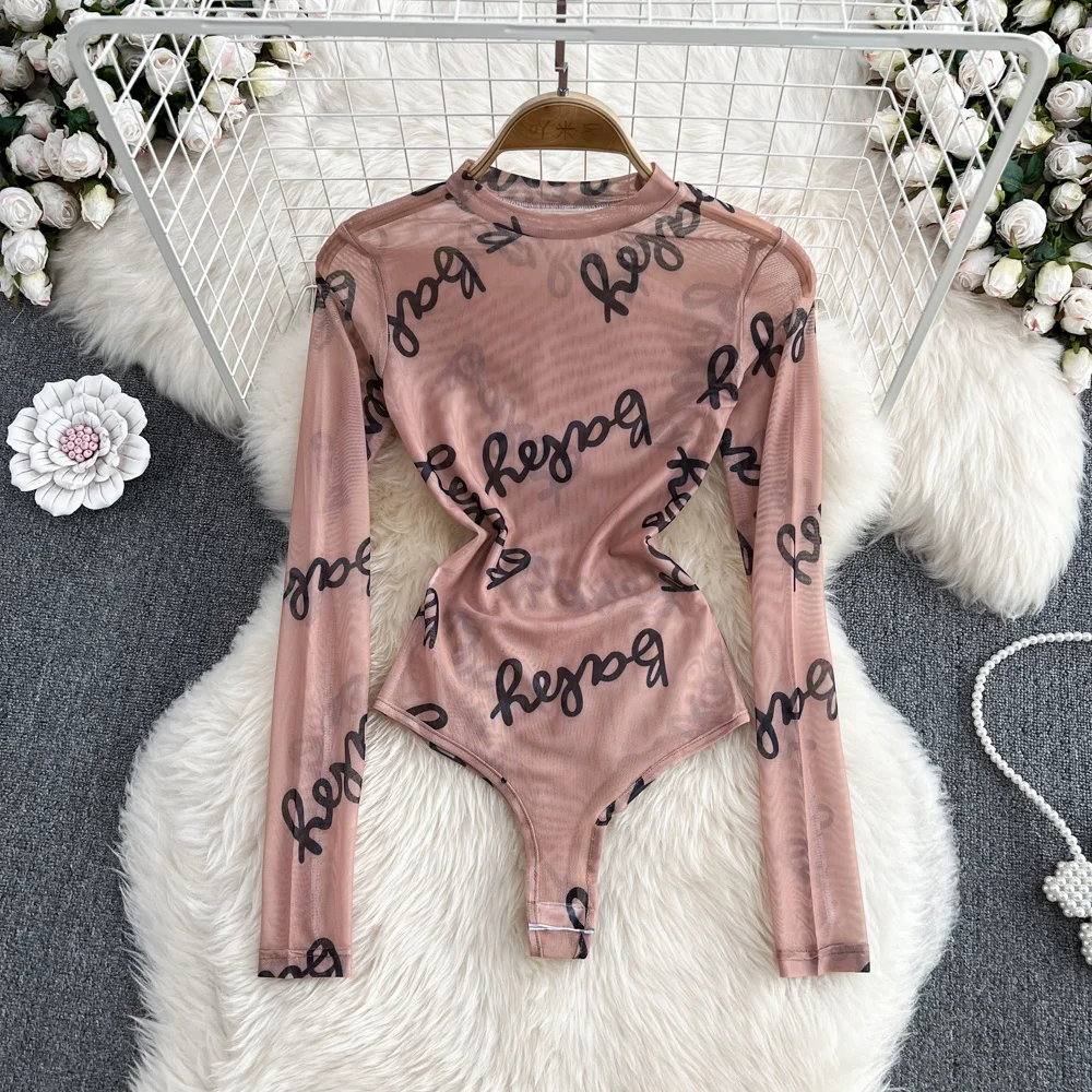 

2024 Autumn Winter American Letter Print Translucent Mesh Bodysuit For Women Sexy Slim Long-sleeve Bottom Shirt Jumpsuit Top