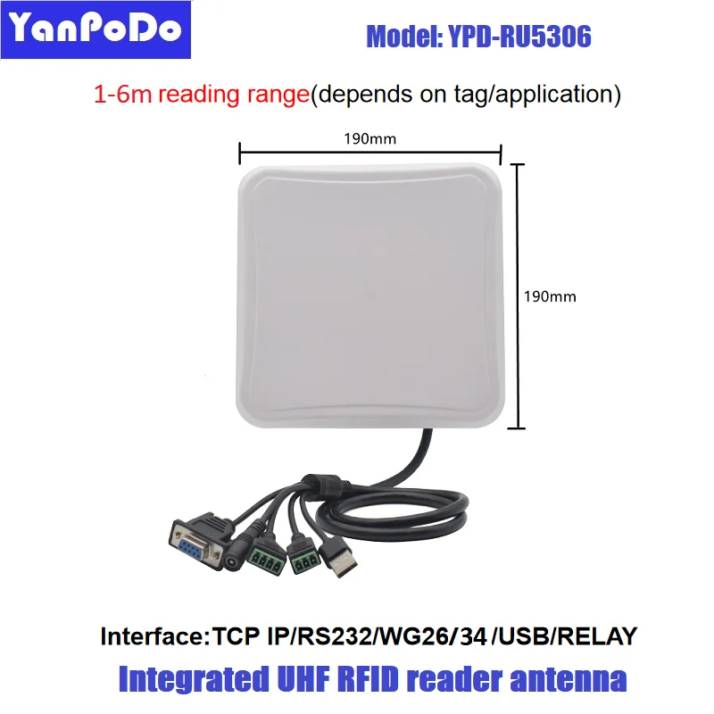 Yanpodo 5-6m Uhf Rfid Reader Long Range Built in 6dbi Circular Antenna RS232 WG26 USB RELAY Ethernet for Vehicle Management