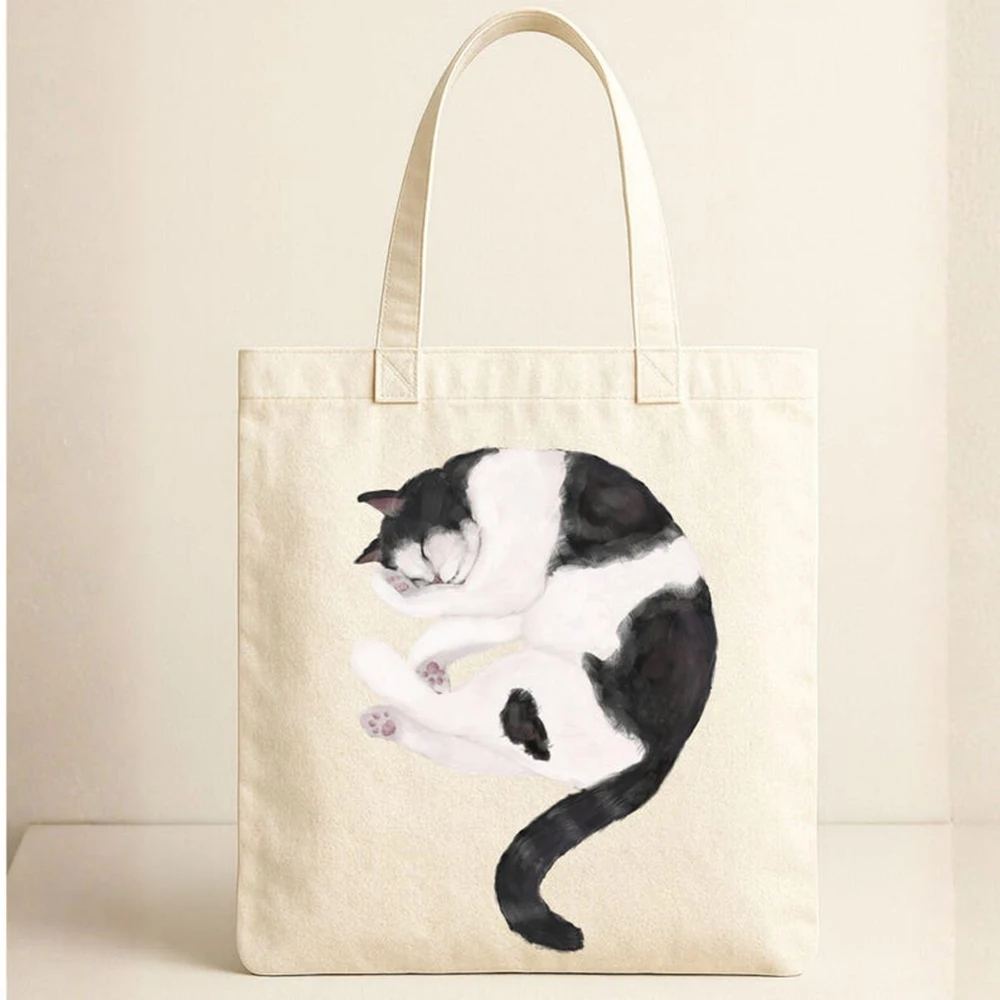 

Canvas Tote Bag Personalized Custom Cotton Shoulder Bag Sleeping Tuxedo Cat Black White Illustration Daily Use Travel Gift