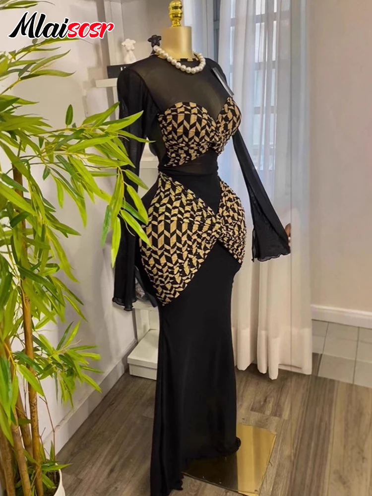 Mlaiscsr Frauen Gedruckt Patchwork Lange Hülse O-ansatz Bodycon Schlank Schwarz Maxi Kleid Luxus Geburtstag Weihnachten Party Abendkleider