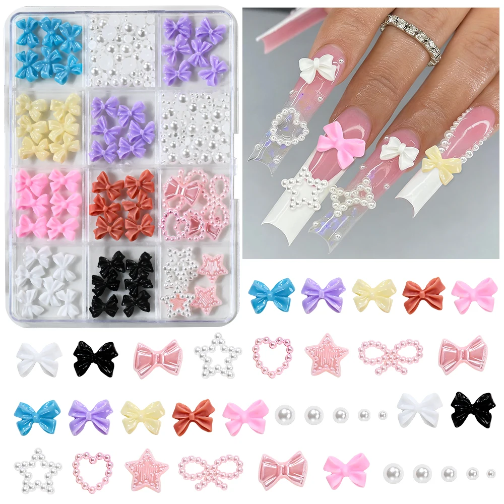 12-Grid Mixed Resin Bowknot Nail Charms Set