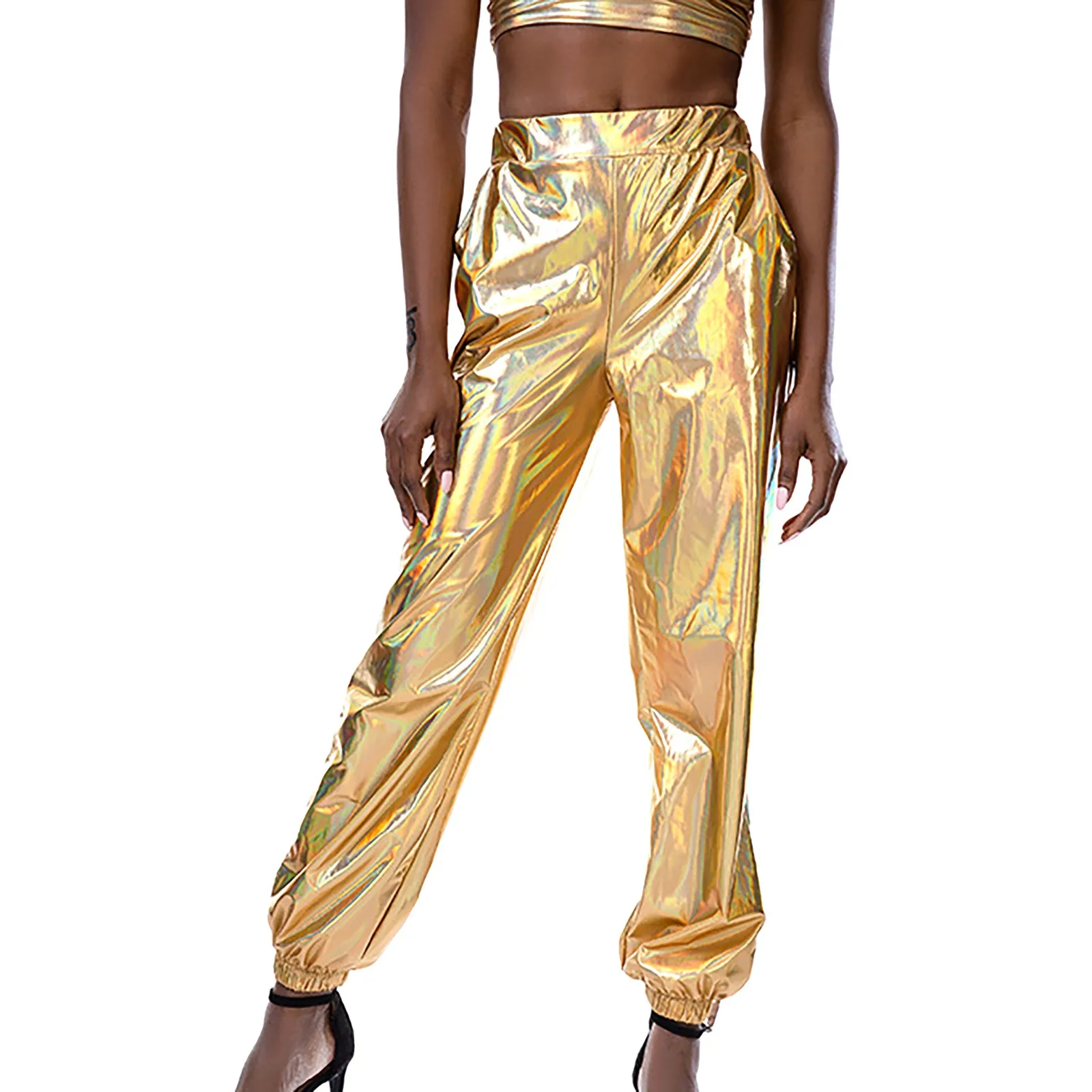 Pantaloni lucidi da donna pantaloni sportivi elastici pantaloni larghi per il tempo libero pantaloni lunghi Casual pantaloni sportivi pantaloni da Jogging Leggings elasticizzati