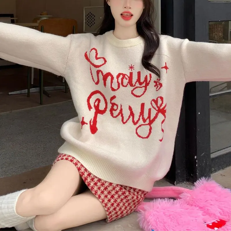 Vintage Letter Knitted Jumpers Autumn Winter Round Neck Loose Female Clothing Fashion Jacquard Weave Basic Long Sleeve Sweaters