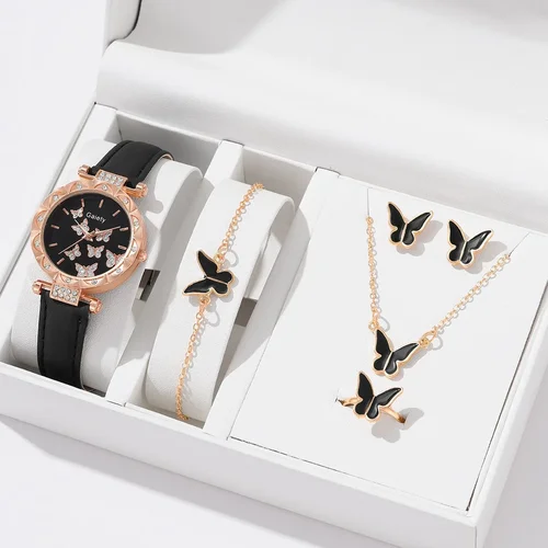 Reloj para mujer, anillo, collar, pendientes, pulsera, conjunto de relojes, correa de cuero de mariposa, reloj de pulsera de cuarzo para mujer (sin caja)