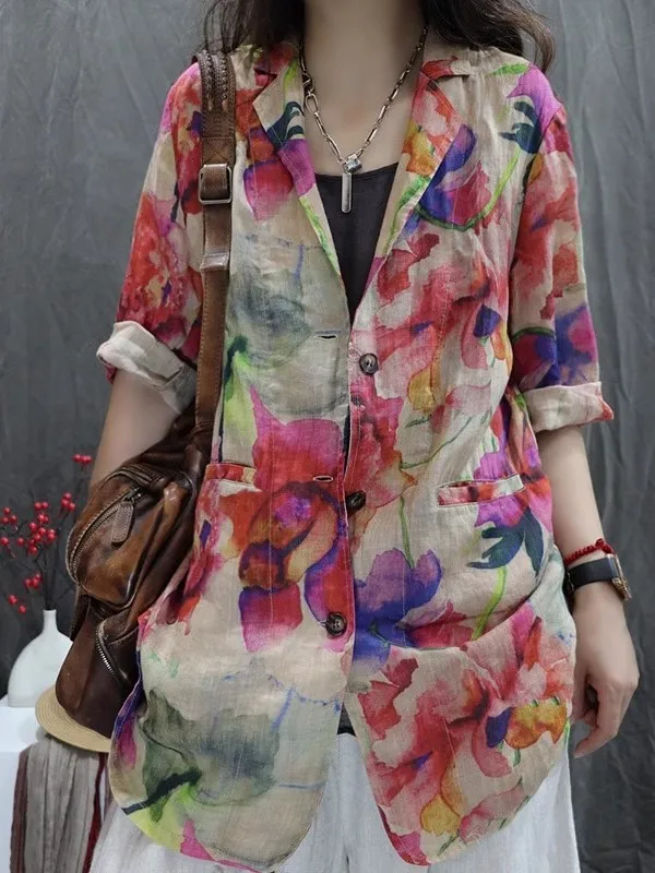 Retro Print Cotton Linen Women's Suit Loose Casual Versatile Long Sleeve Jacket Autumn 2026 Fashion Trend Plant Floral Pattern