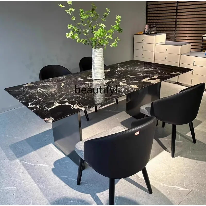 

Imported natural marble black rose dining table household high-end luxury stone rectangular dining table9344