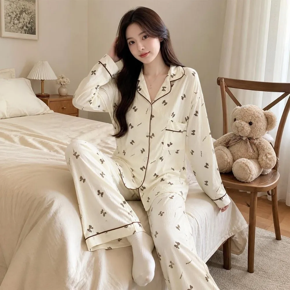 Süßes Leoparden-Pyjama-Set mit Schleife und Bärchen, Damen-Loungewear mit Kirsch- und Blumenmuster, Nachtwäsche-Anzug für Damen – Detail 11