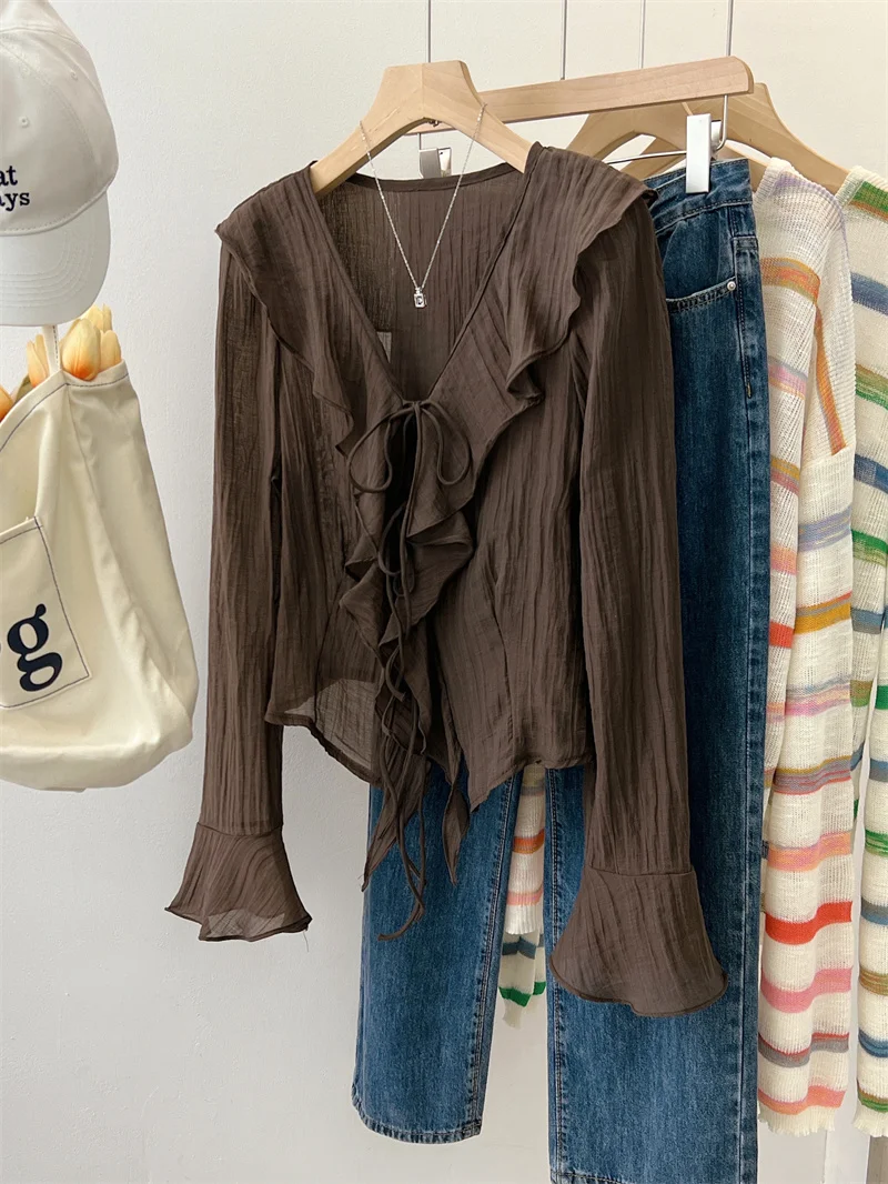 Ele V-Ne Long Sve Women's irt Tie-Band Design Floral  Sun Protection Top Early Autumn Faion Ladies' Blouse