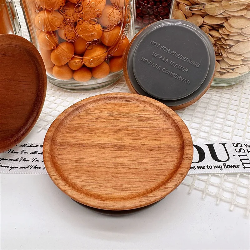 Regular Mouth Jar Lids,Wooden Jar Tops,Canning Lids with Airtight Silicone Seal for Regular Mouth Jars,4 Pack M