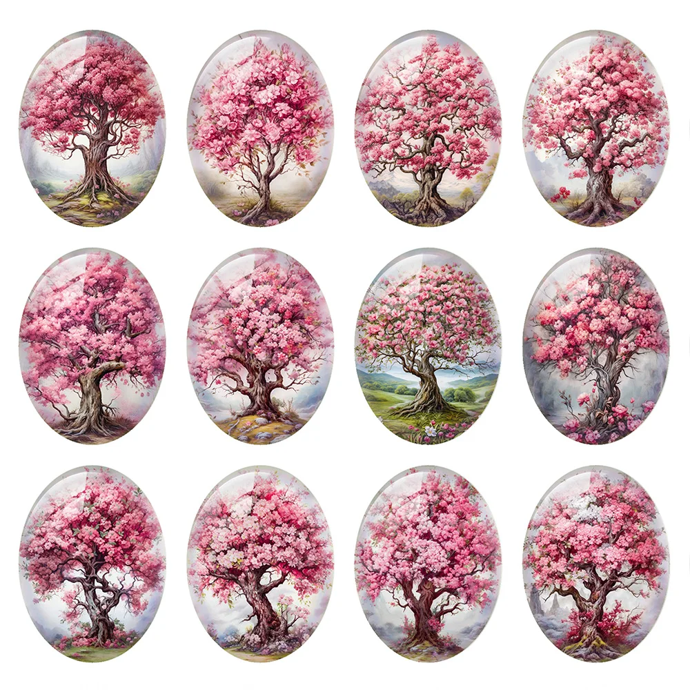 Random Mixed Round/Oval/Square Flower Tree Cherry Blossoms Peony Photo Glass Cabochon Flatback Demo Cameo For Diy Jewelry Making