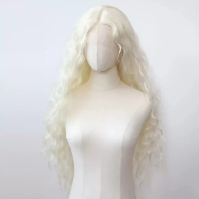 Women Synthetic Lace Front Wig, Platinum Blonde Natural Realistic Long Wool Curly High‑Temp Fiber European Style Full‑Head Wig