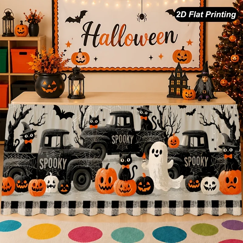 One-piece 2D flat Halloween tablecloth - Pumpkin Cemetery Table Runner