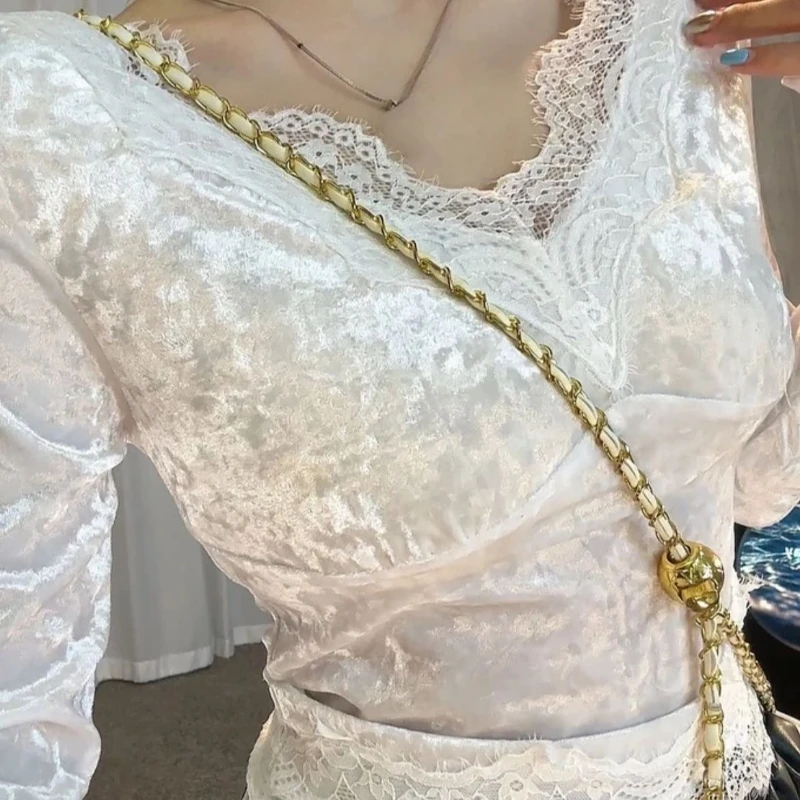 

Spring Fall Women V Neck Lace Patchwork White Velvet Top T Shirt , Woman Autumn Velour Tops Shirts