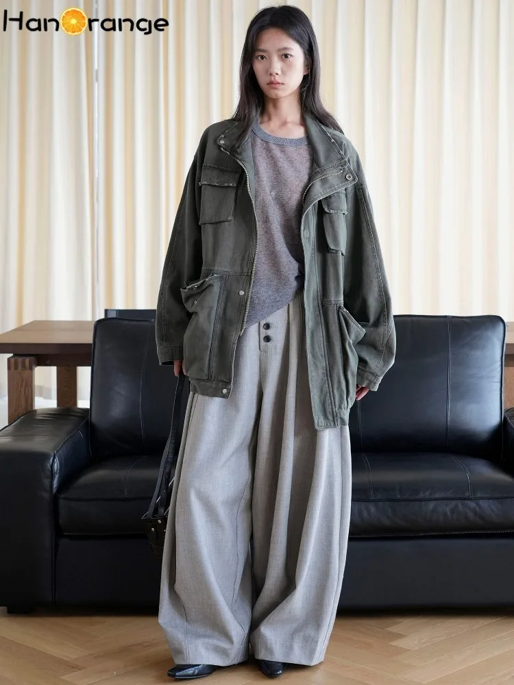 Women High Waist Pleated Wide Leg Suit Pants Single Row Button Curved Loose Trousers INS Fashion