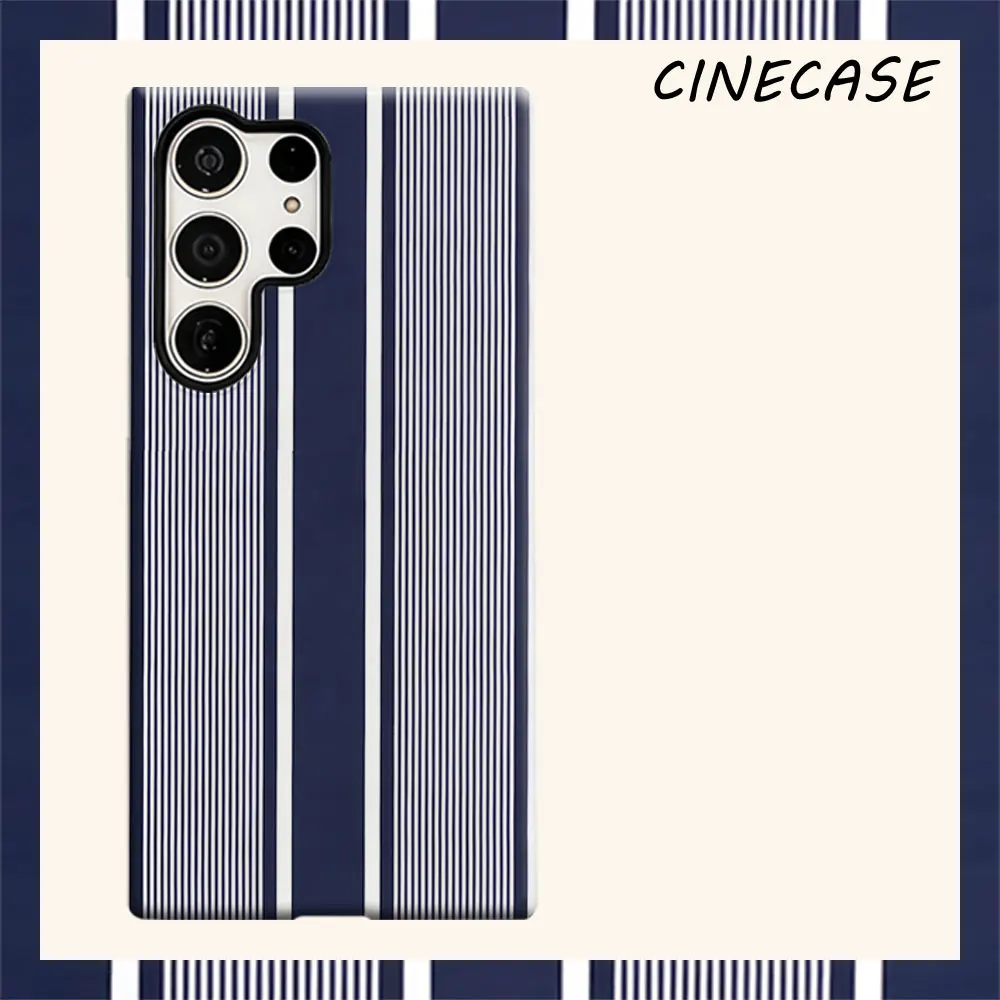Navy Mixed Stripe For Samsung Galaxy S26 S25 S24 A56 A36 Dual Layer Luxury Fashion Full Lens Protective Case