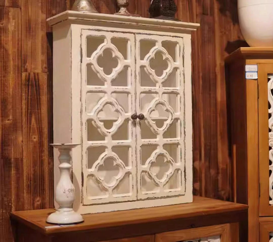 French Vintage Retro White Wooden Wall Storage Cupboard with Glass Doors