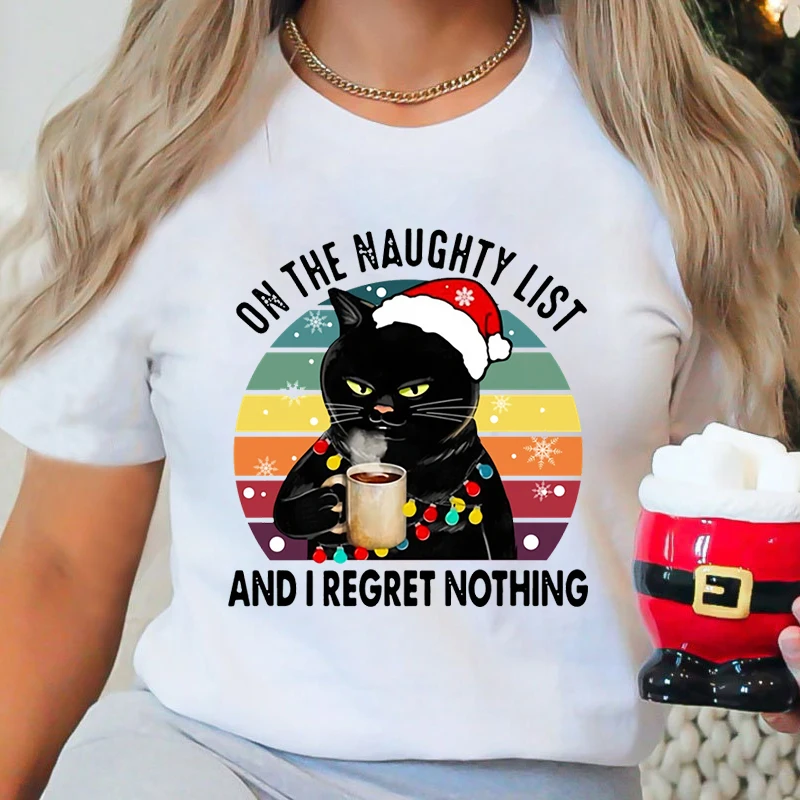 On The Naughty List and I Regret Nothing Cat Xmas Print Women's T-Shirts Harajuku T-Shirt Top Xmas Party Christmas Casual Shirts