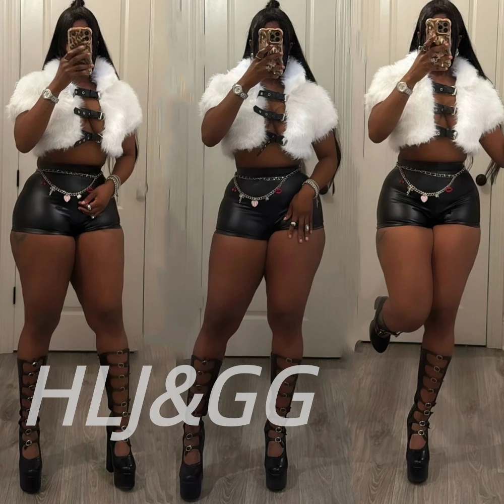 

HLJ&GG Fashion Trend Fur Hollow Crop Coats Two Piece Sets Women Cardigan Lapel Jackets Tops + Leather Shorts Outfits Streetwear
