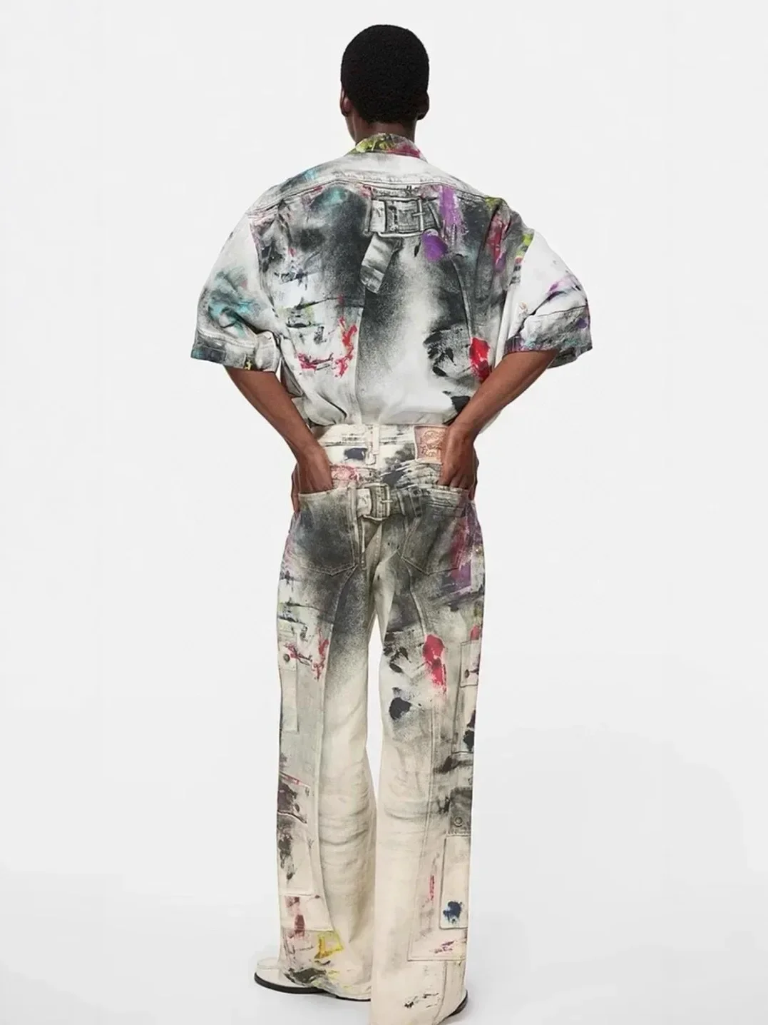 Graffiti Splashing Ink Cargo Jeans Hip Hop Punk Goth Techwear Mens Wide-leg Denim Trousers Nightclub Style Baggy Jean Man Pant