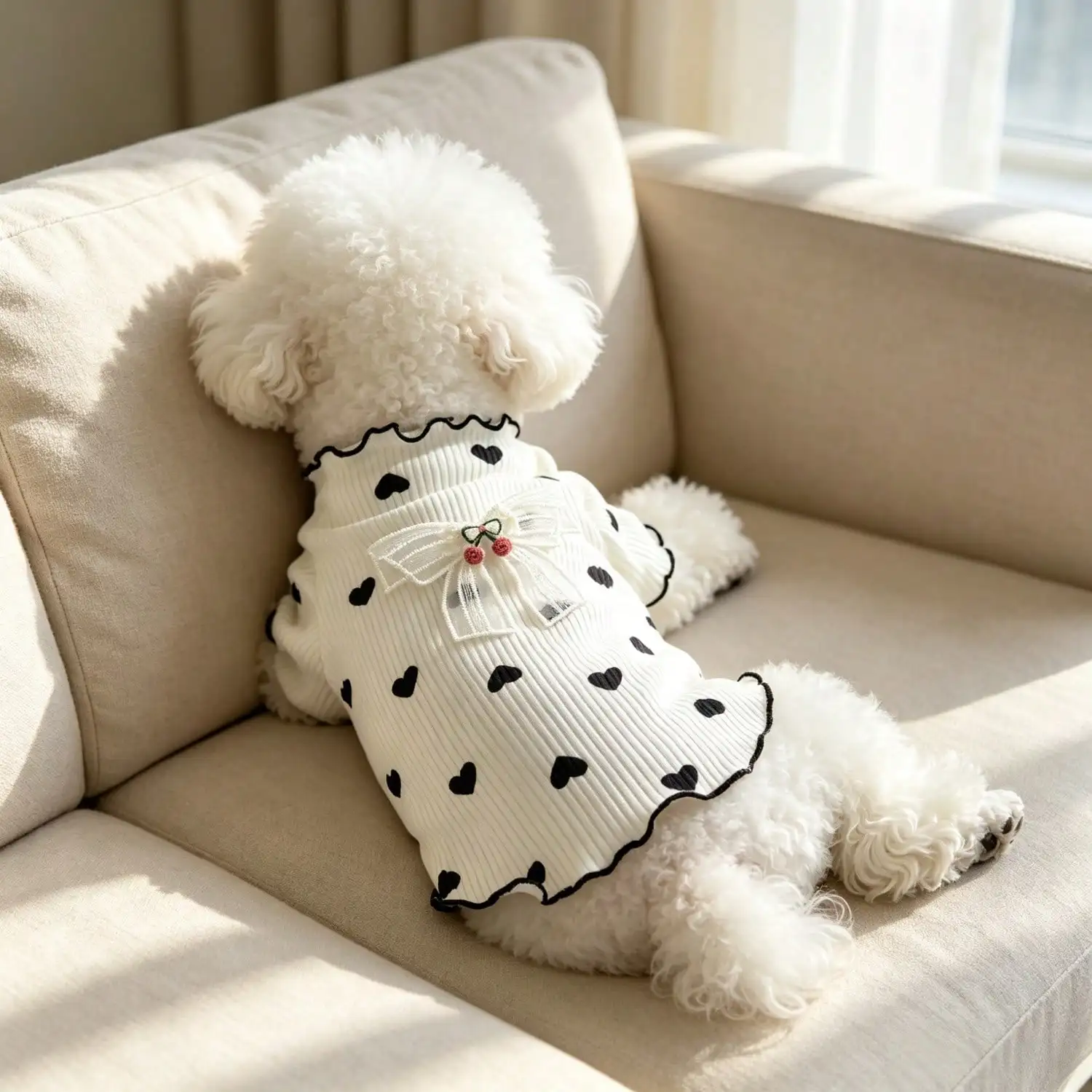 1 Stück Haustier-Hundetop mit Herz-Print, Rüschenbesatz, niedlicher Netzschleife und Kirschdekoration, Pullover-Shirt, weiche Strickkleidung – Detail 2